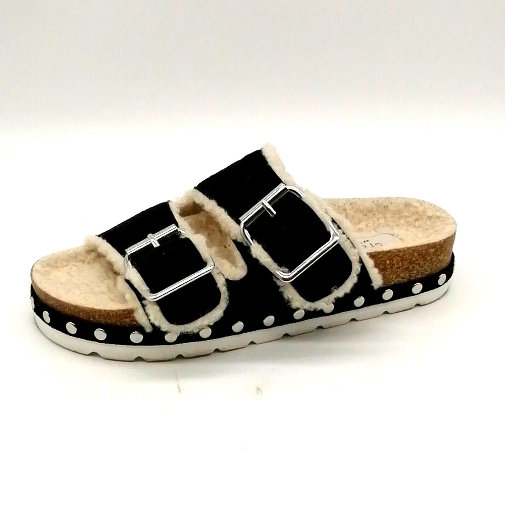 Steven New York Shoes Womens Stessi Black 6 Slide Sandals Faux Fur Lined‎ Straps